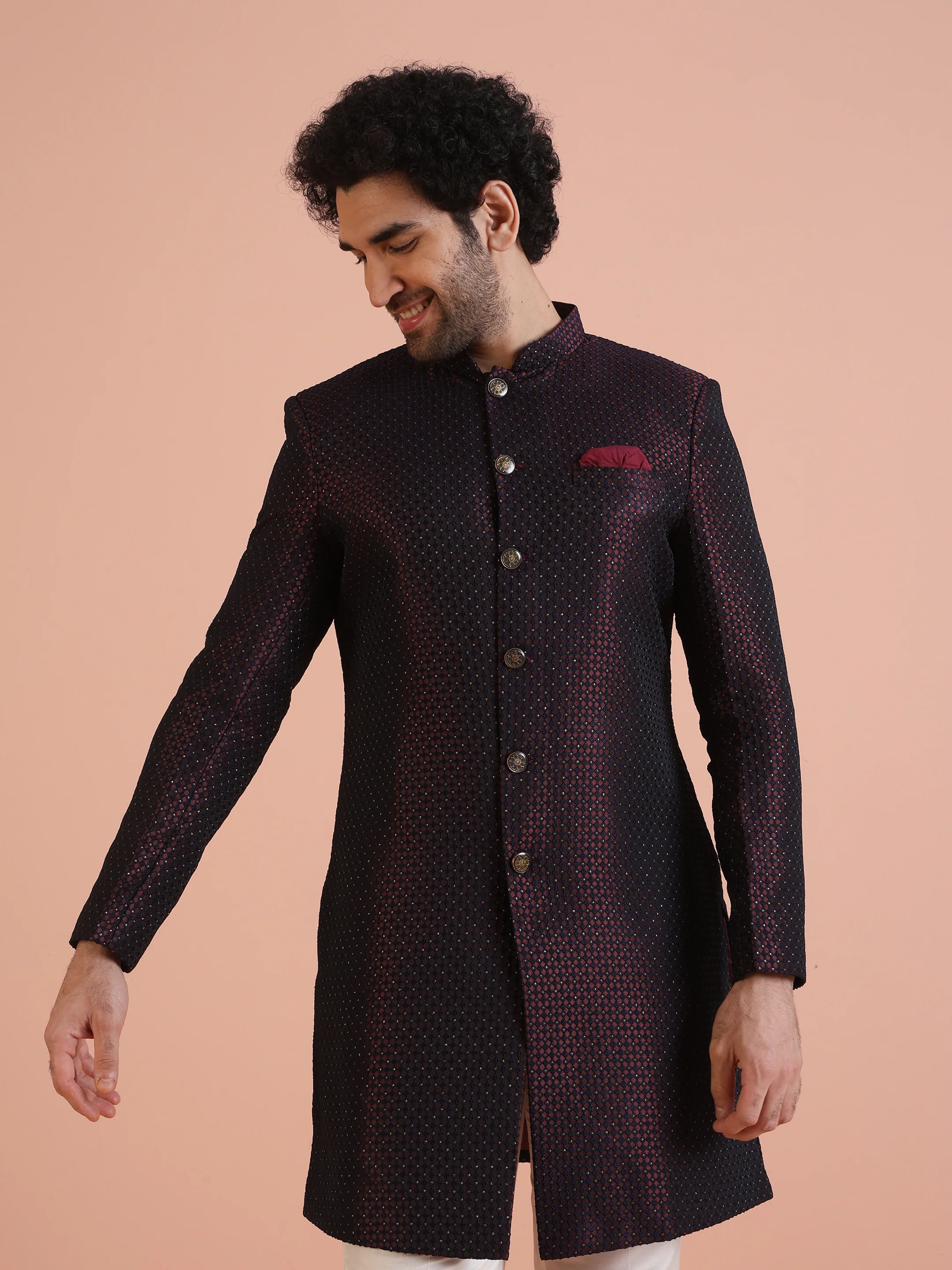 Maroon Black Textured Sherwani Trouser Set - Image 9