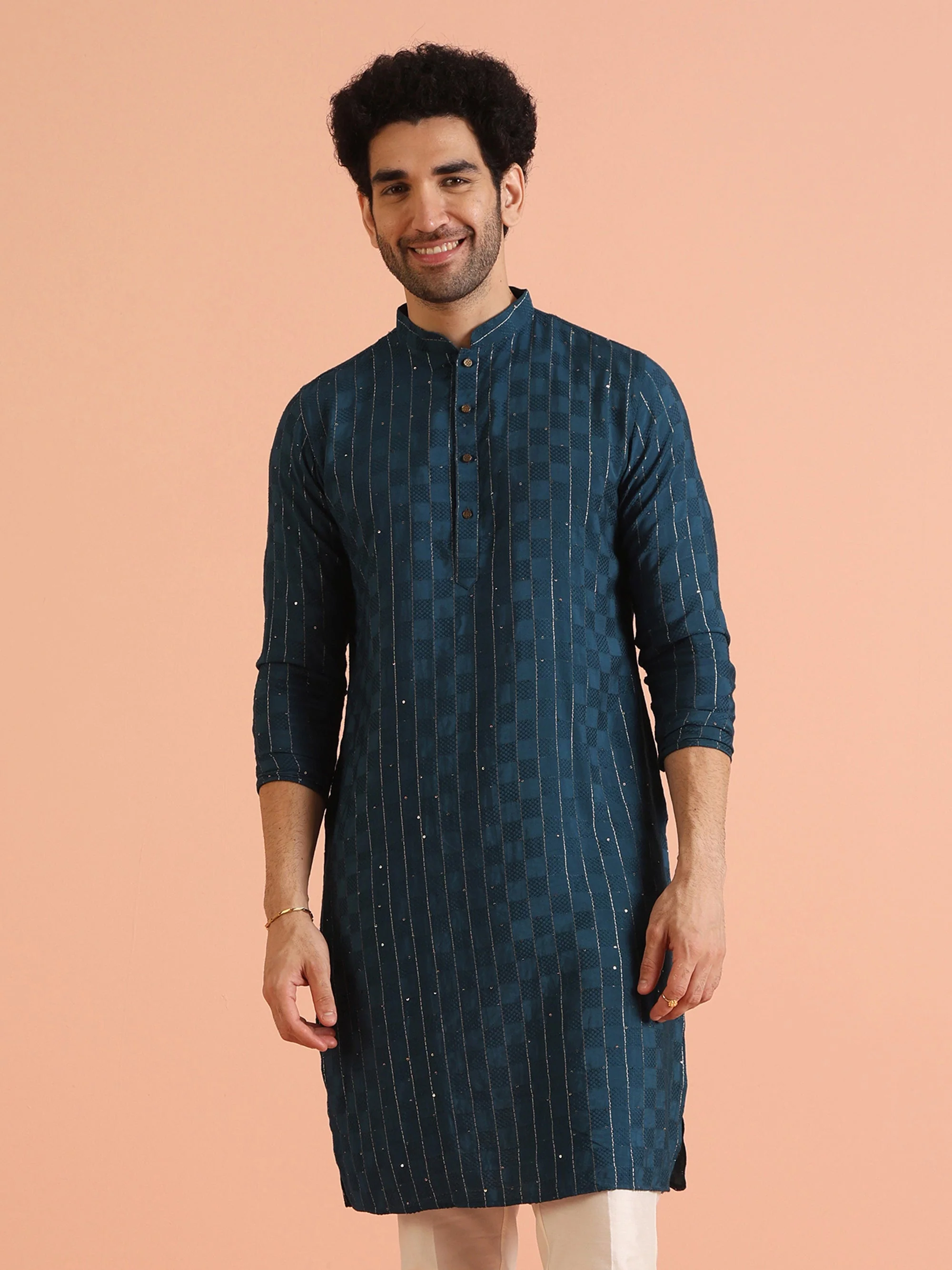 Teal Blue Jacquard Sequinned Kurta - Image 8
