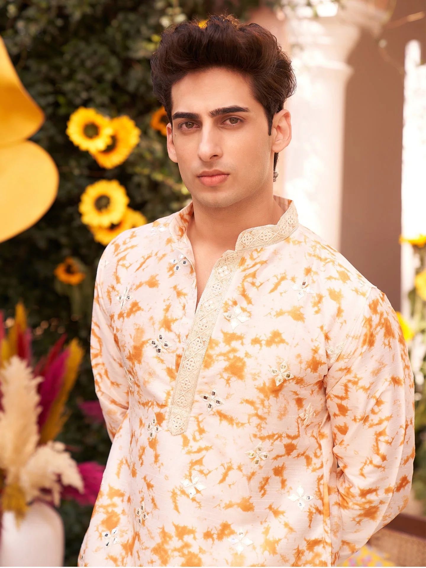 Cream Cotton Silk Mirror Work Kurta Dhoti Set - Image 10