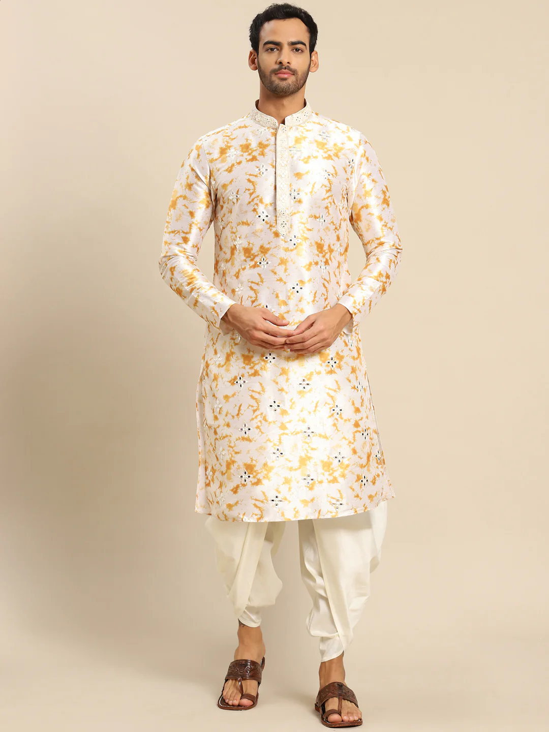 Cream Cotton Silk Mirror Work Kurta Dhoti Set - Image 3