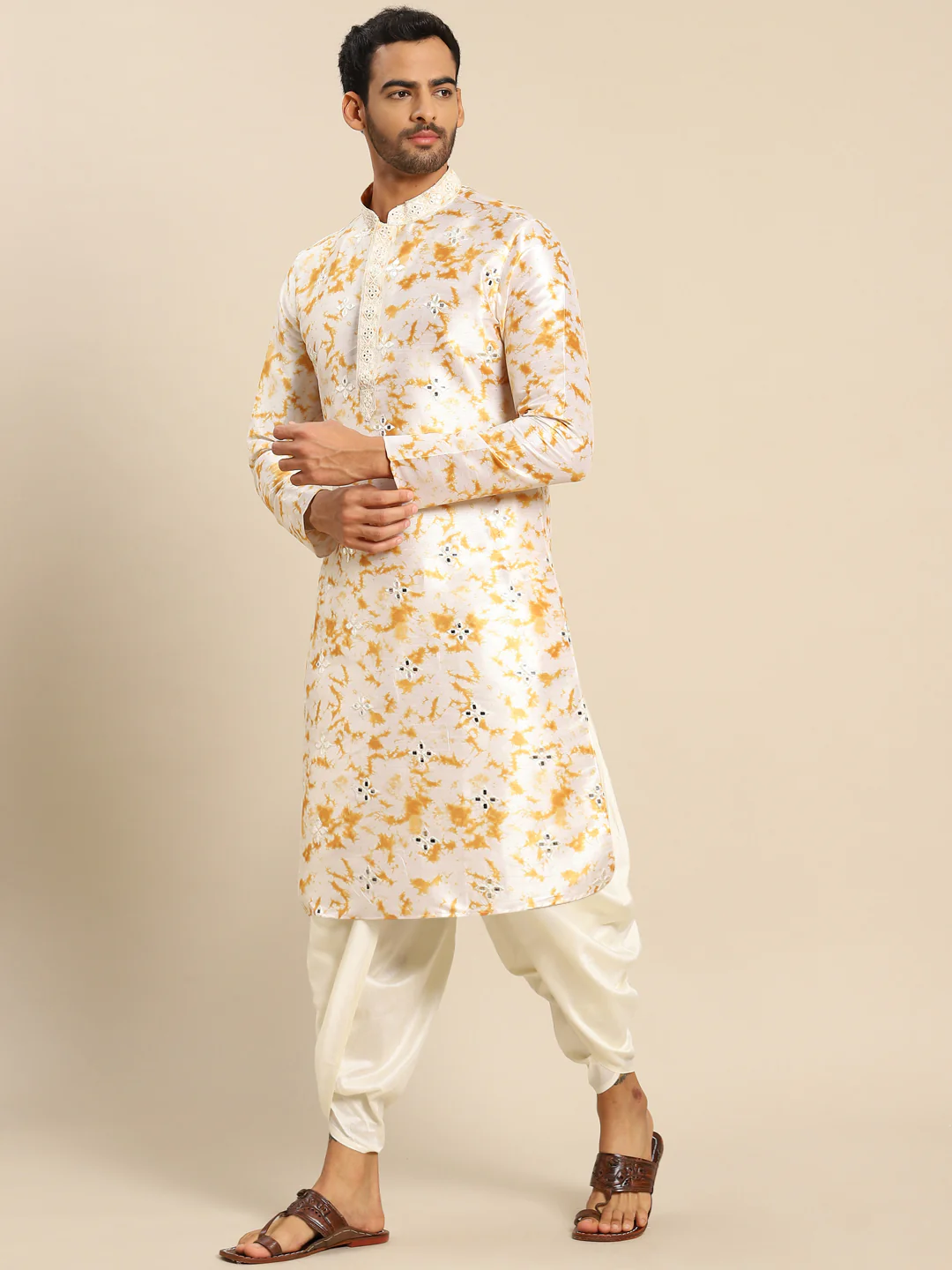 Cream Cotton Silk Mirror Work Kurta Dhoti Set - Image 4
