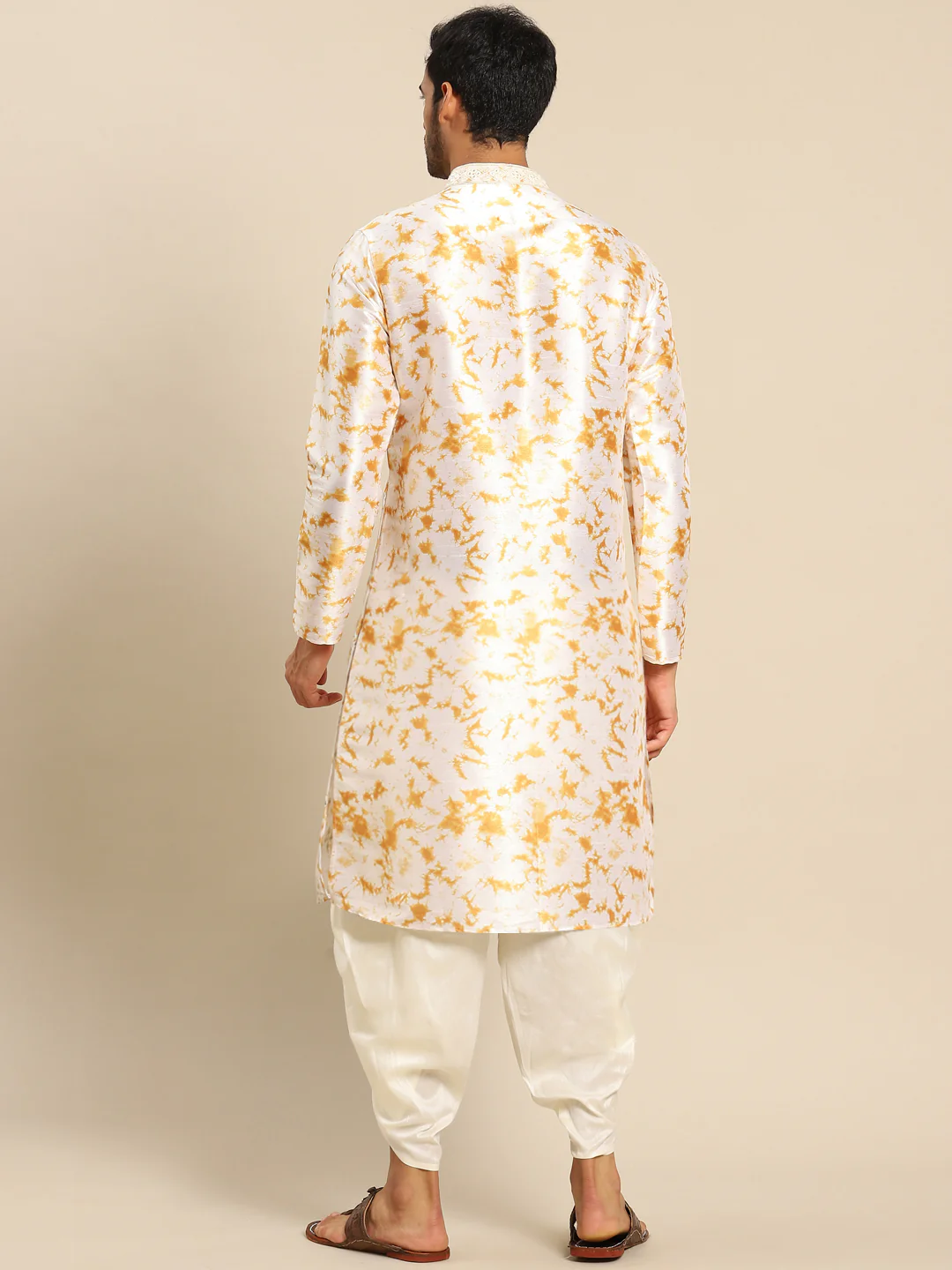 Cream Cotton Silk Mirror Work Kurta Dhoti Set - Image 5