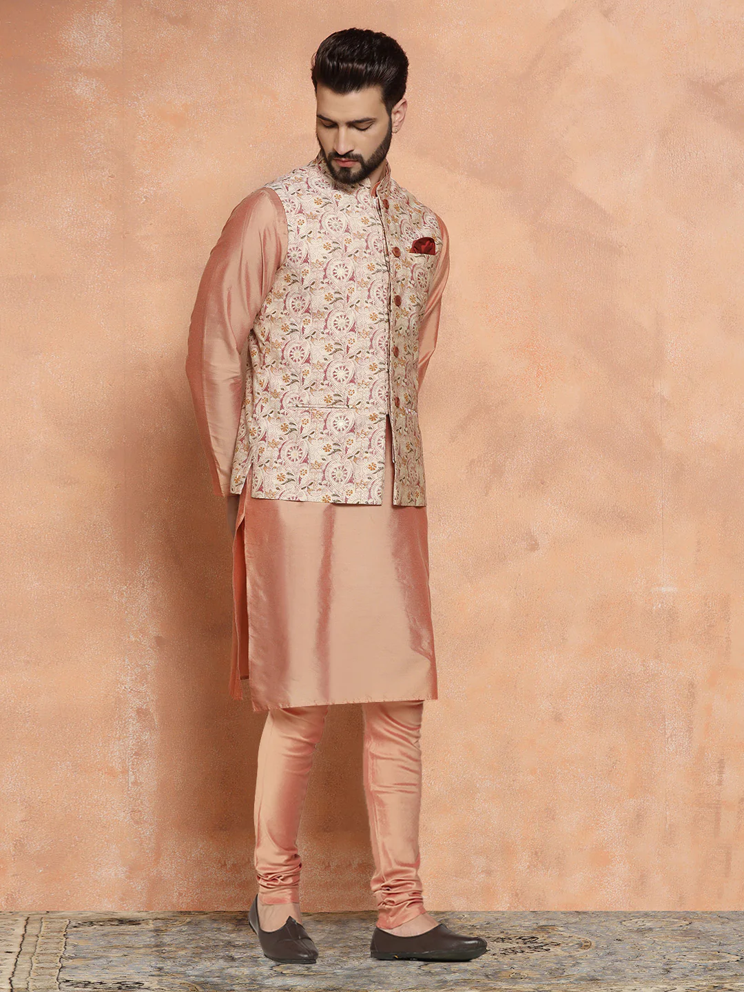 Multi Printed Silk Blend Nehru Jacket Kurta Churidar Set - Image 2