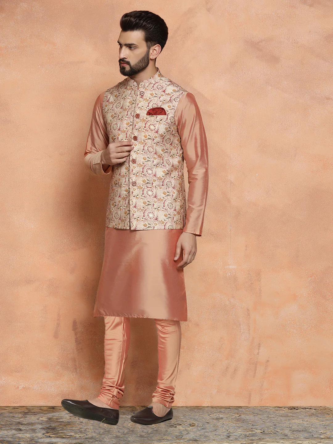 Multi Printed Silk Blend Nehru Jacket Kurta Churidar Set - Image 3