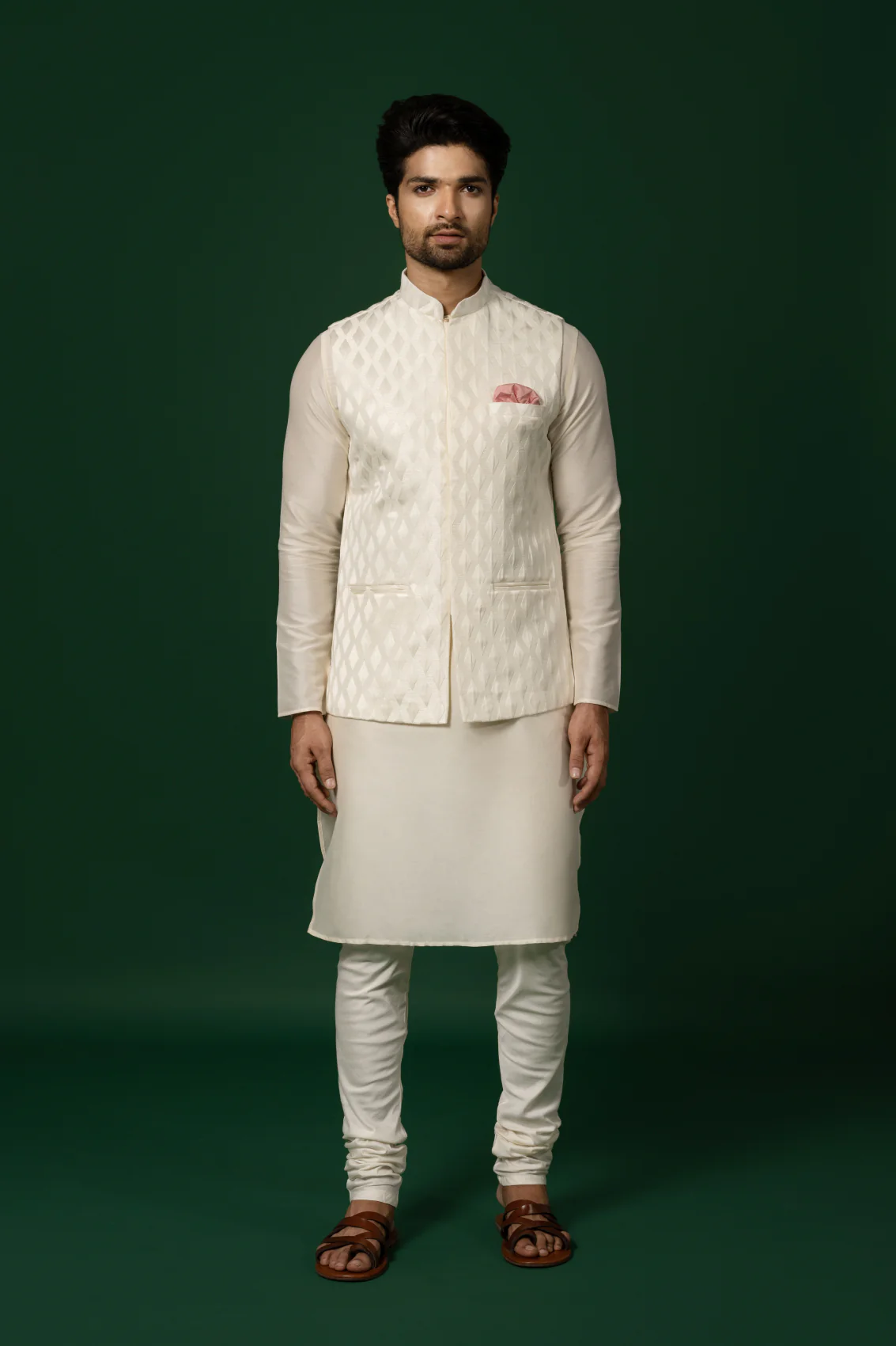 White Silk Blend Textured Jacket Kurta Churidar - Image 2