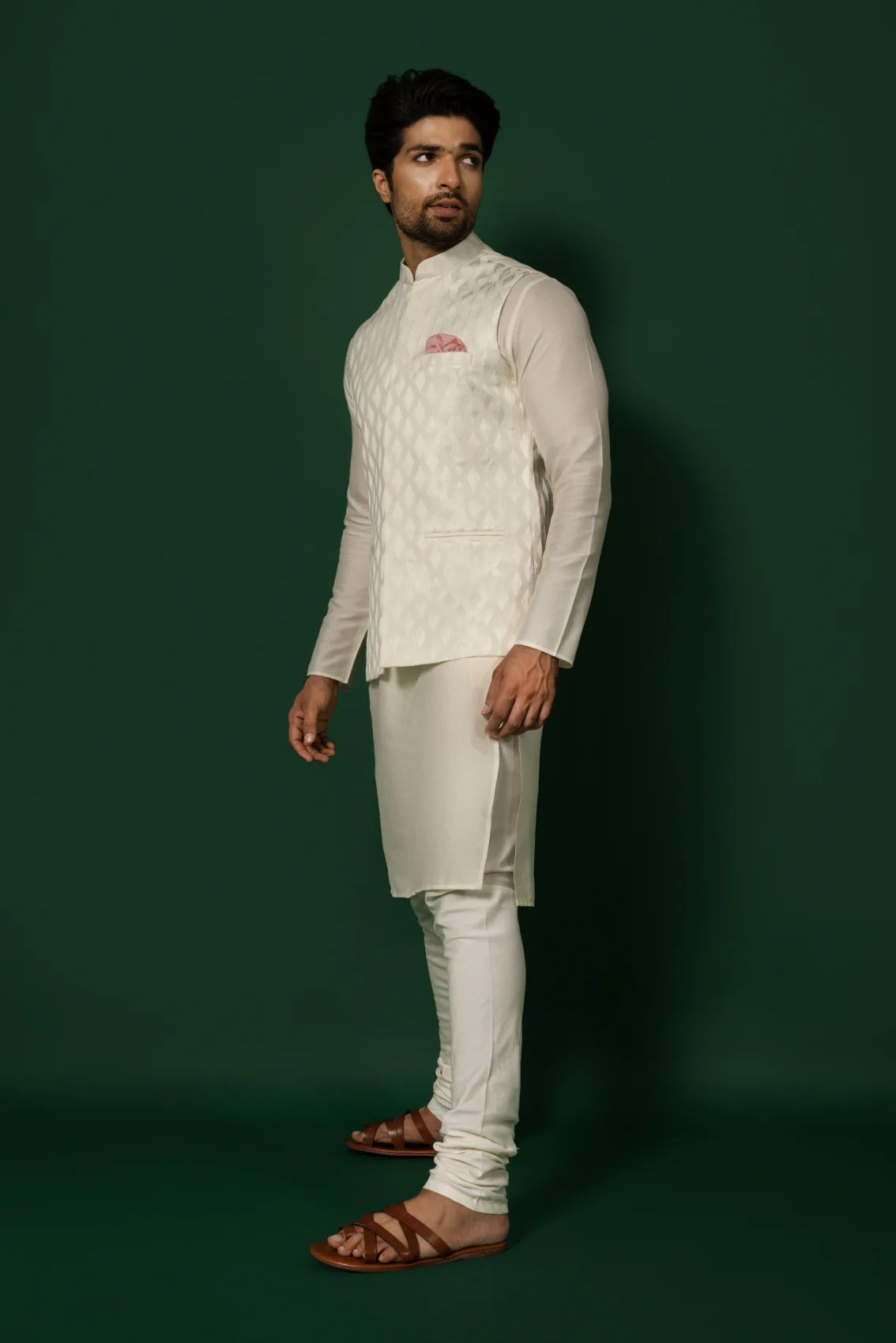 White Silk Blend Textured Jacket Kurta Churidar - Image 4