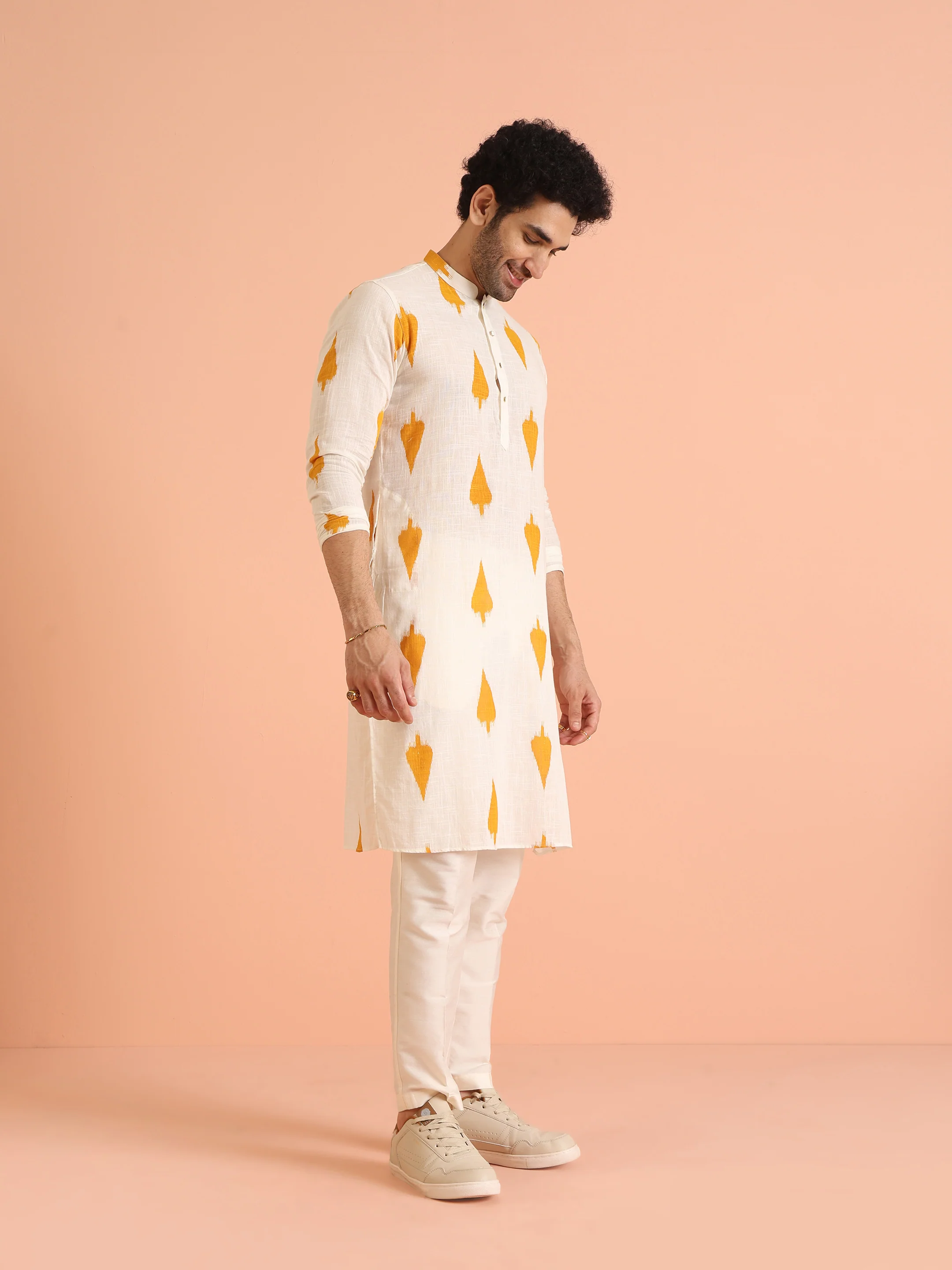 White Cotton Kurta with Mustard Ikat Prints - Image 4