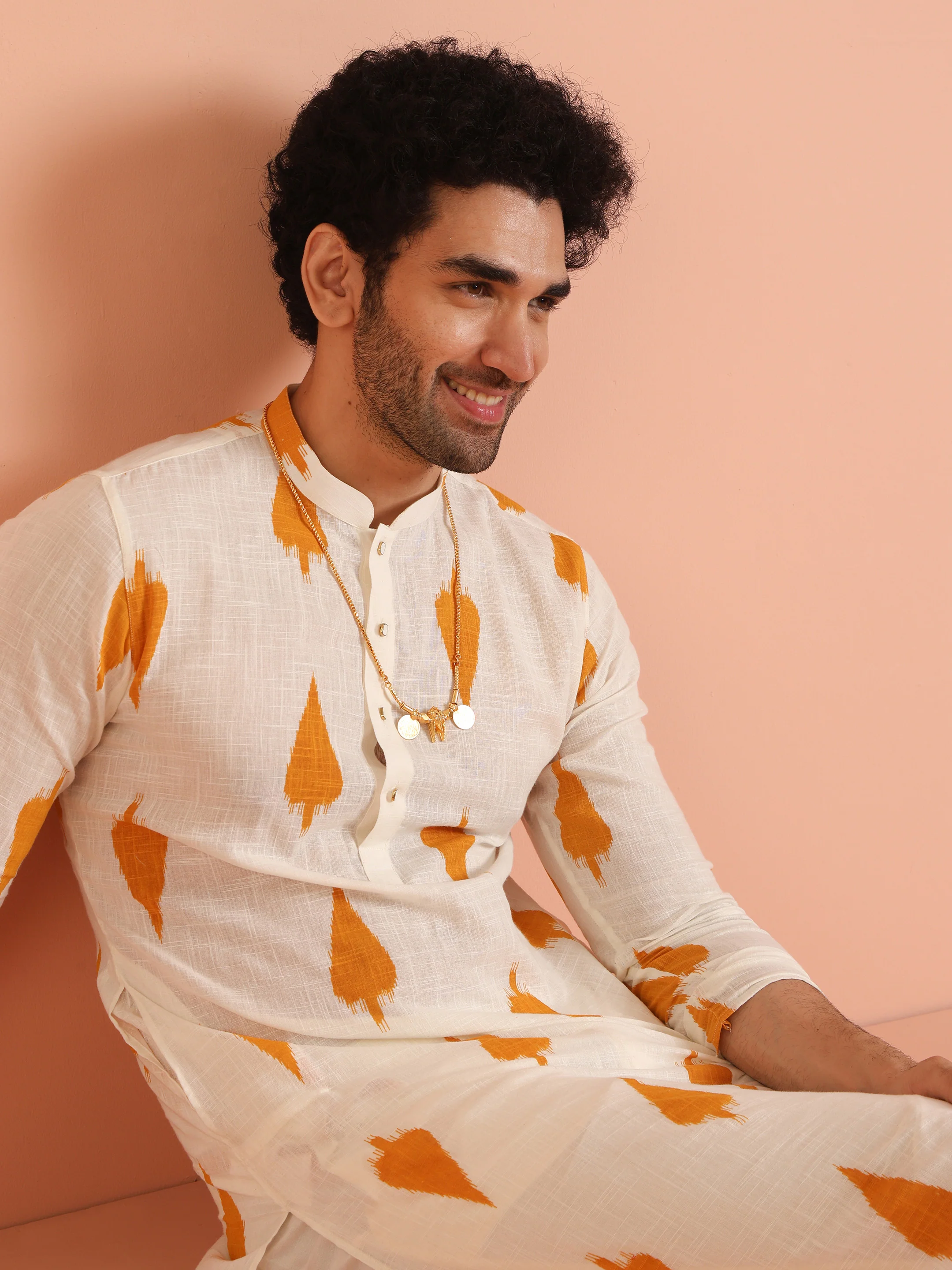White Cotton Kurta with Mustard Ikat Prints - Image 8