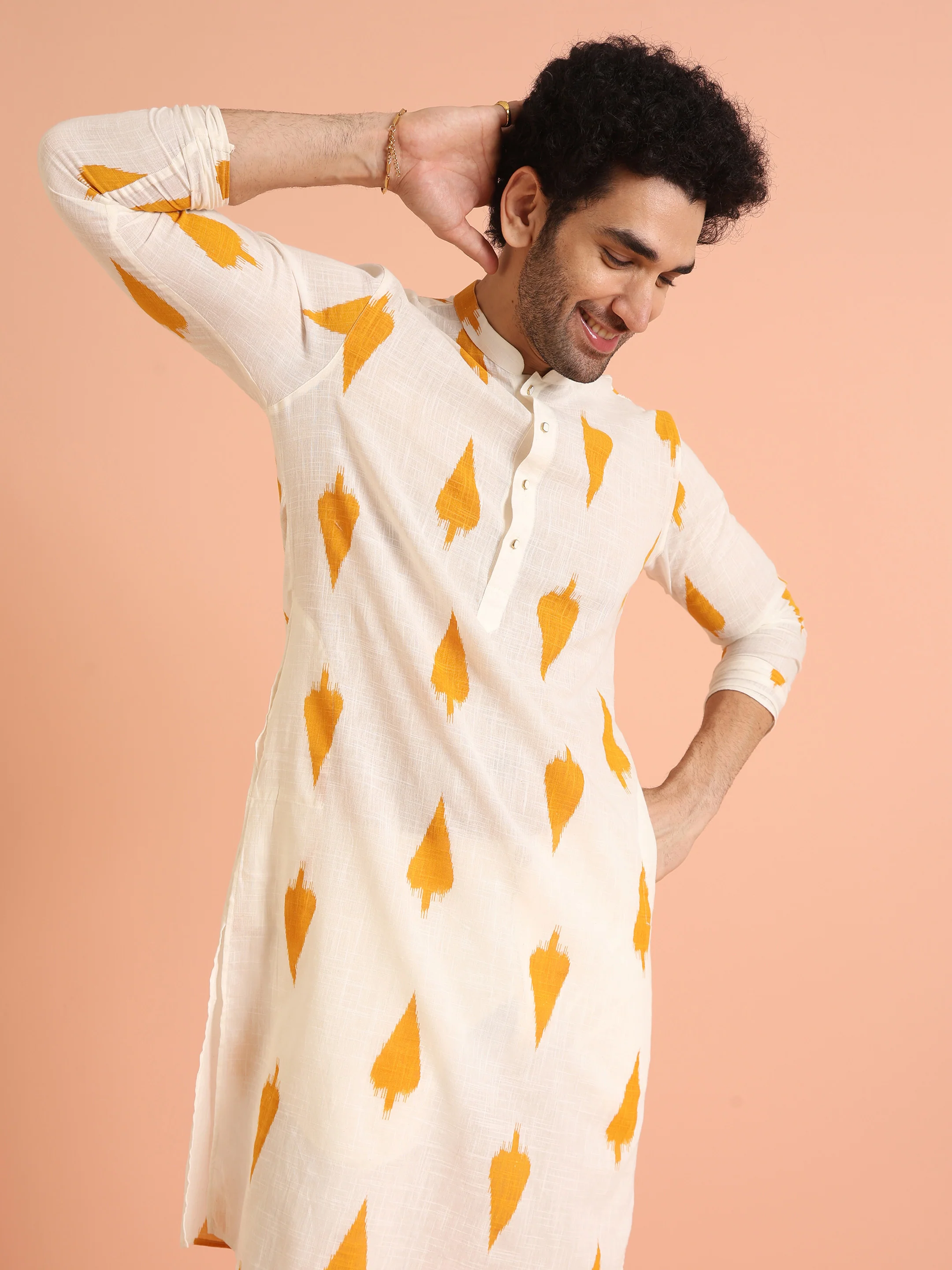 White Cotton Kurta with Mustard Ikat Prints - Image 9