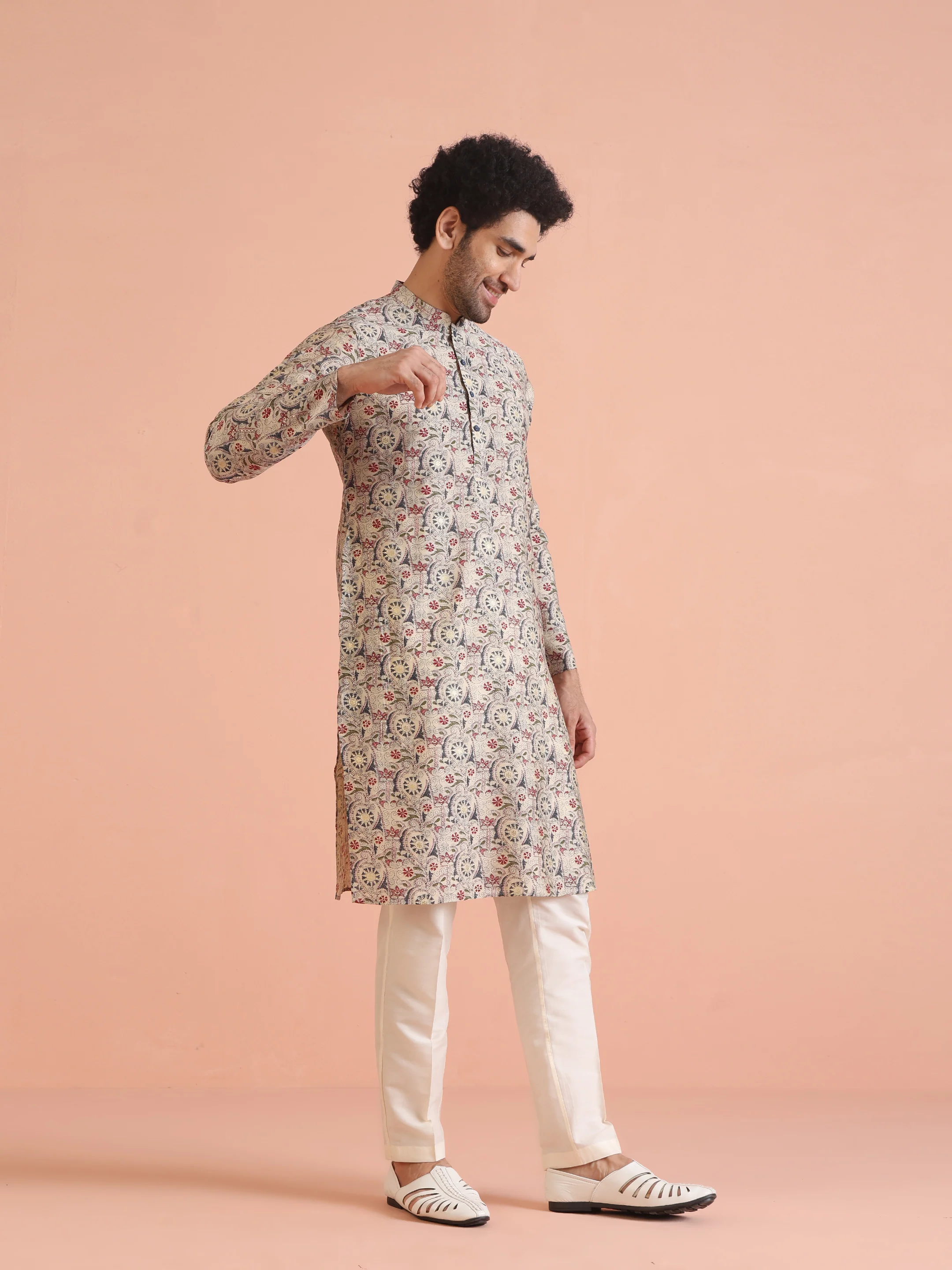 Cream Cotton Printed Kurta Trouser Set - Image 3