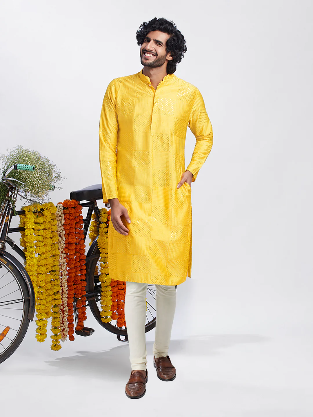Golden Yellow Jacquard Kurta Churidar Set