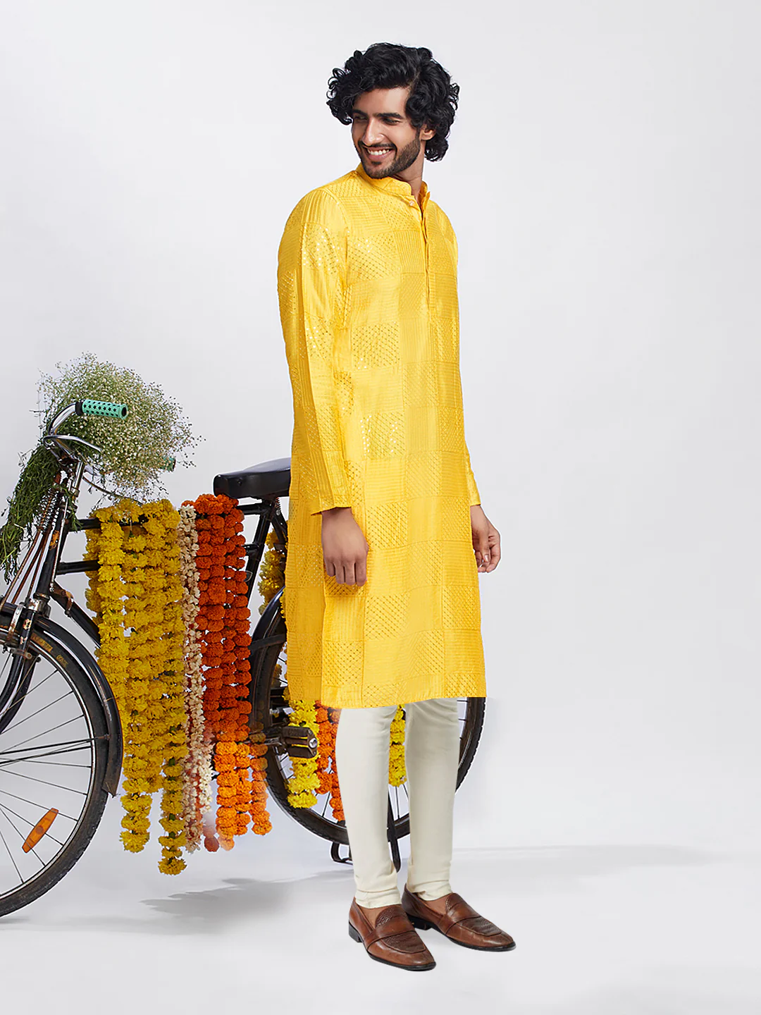 Golden Yellow Jacquard Kurta Churidar Set - Image 2