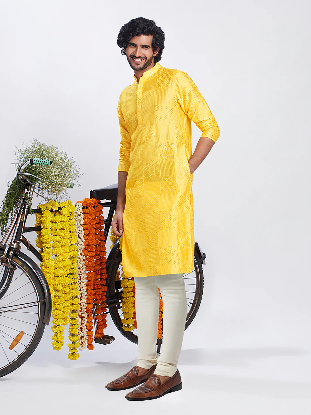 Golden Yellow Jacquard Kurta Churidar Set - Image 3
