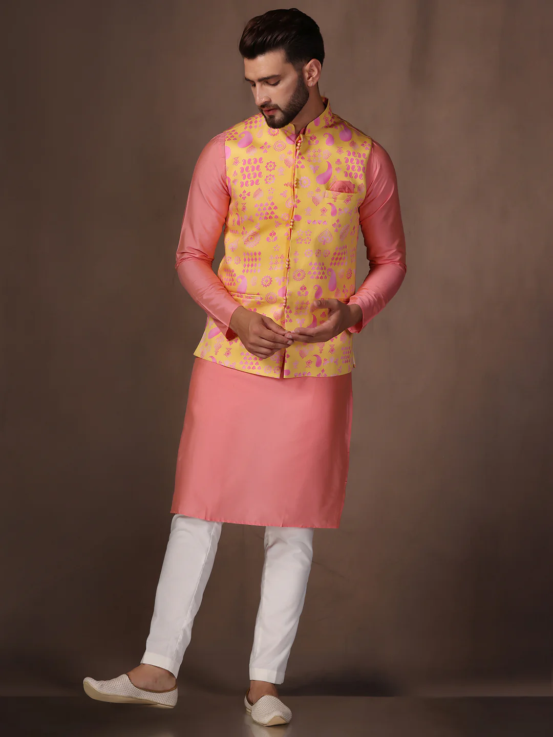 Peach Silk Blend Yellow Printed Nehru Jacket Kurta Set