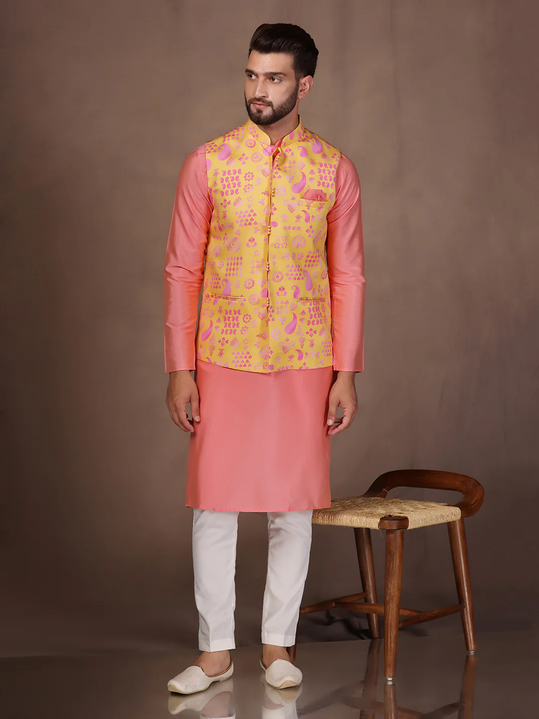Peach Silk Blend Yellow Printed Nehru Jacket Kurta Set - Image 8