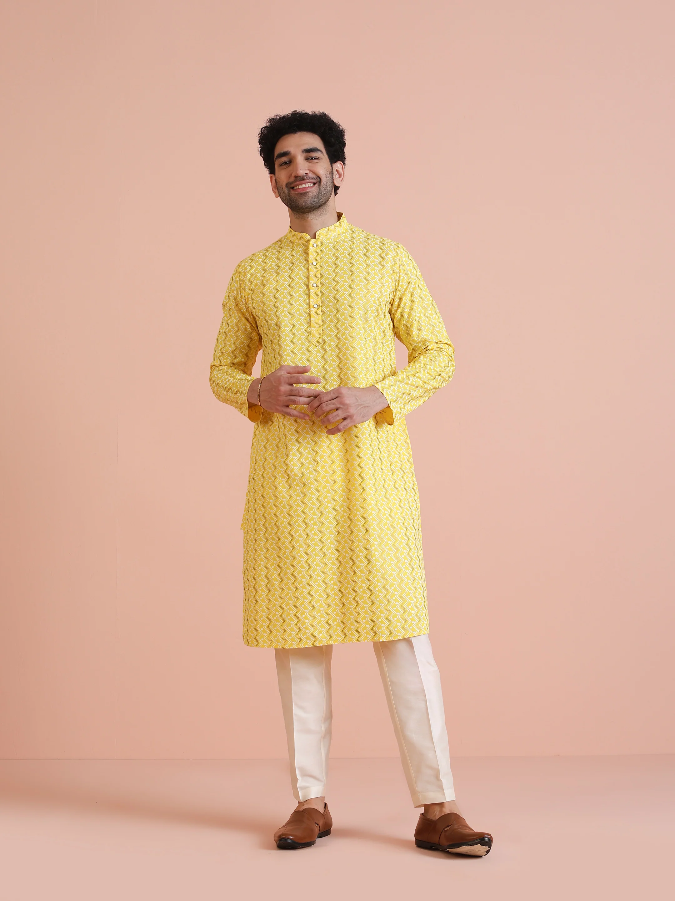 Yellow Silk Blend Kurta with Geometric Woven Pattern - Image 6