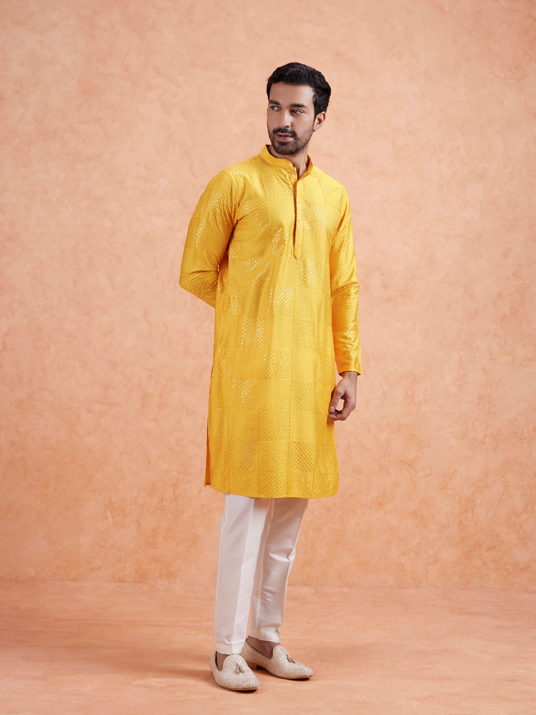 Yellow Jacquard Silk Blend Kurta - Image 3