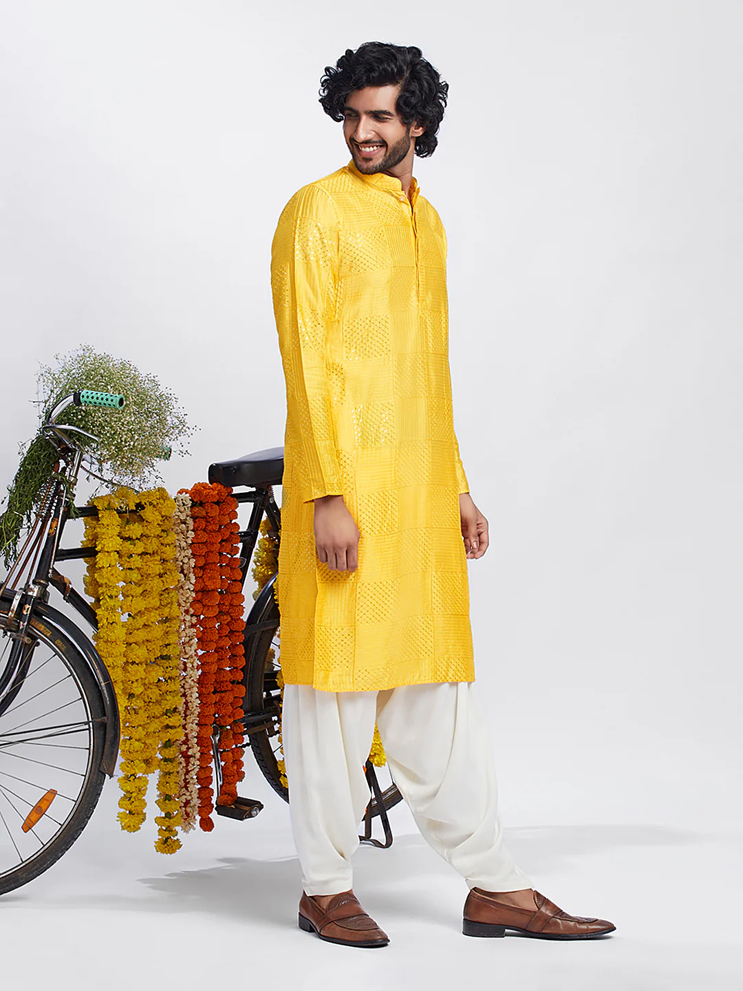 Golden Yellow Jacquard Kurta Patiala Set - Image 2