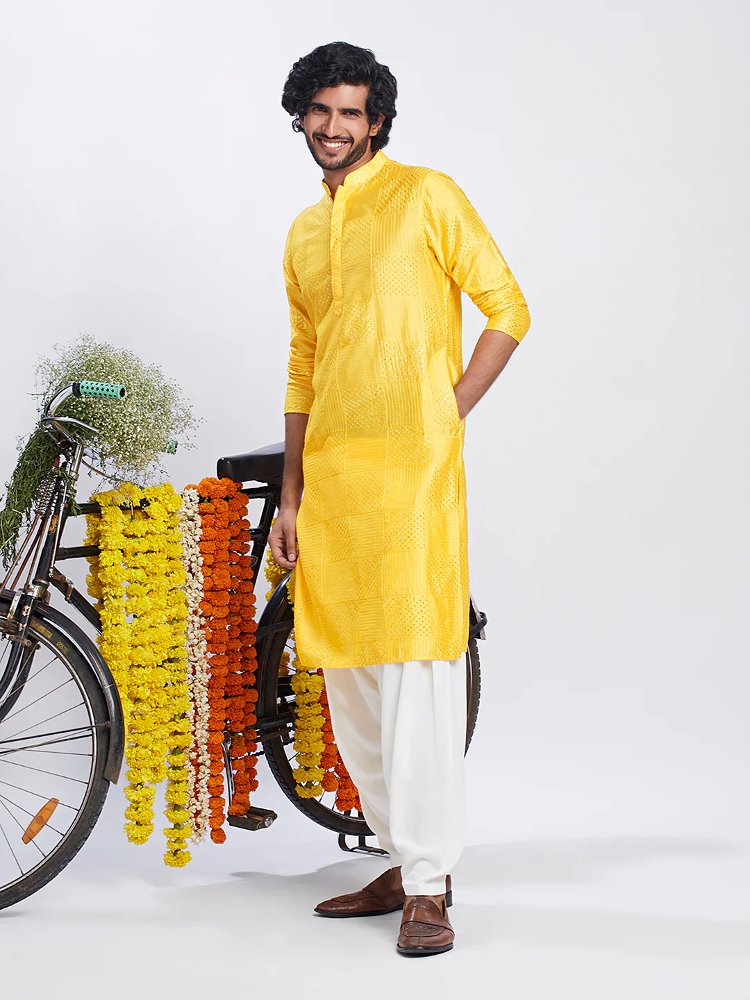 Golden Yellow Jacquard Kurta Patiala Set - Image 3