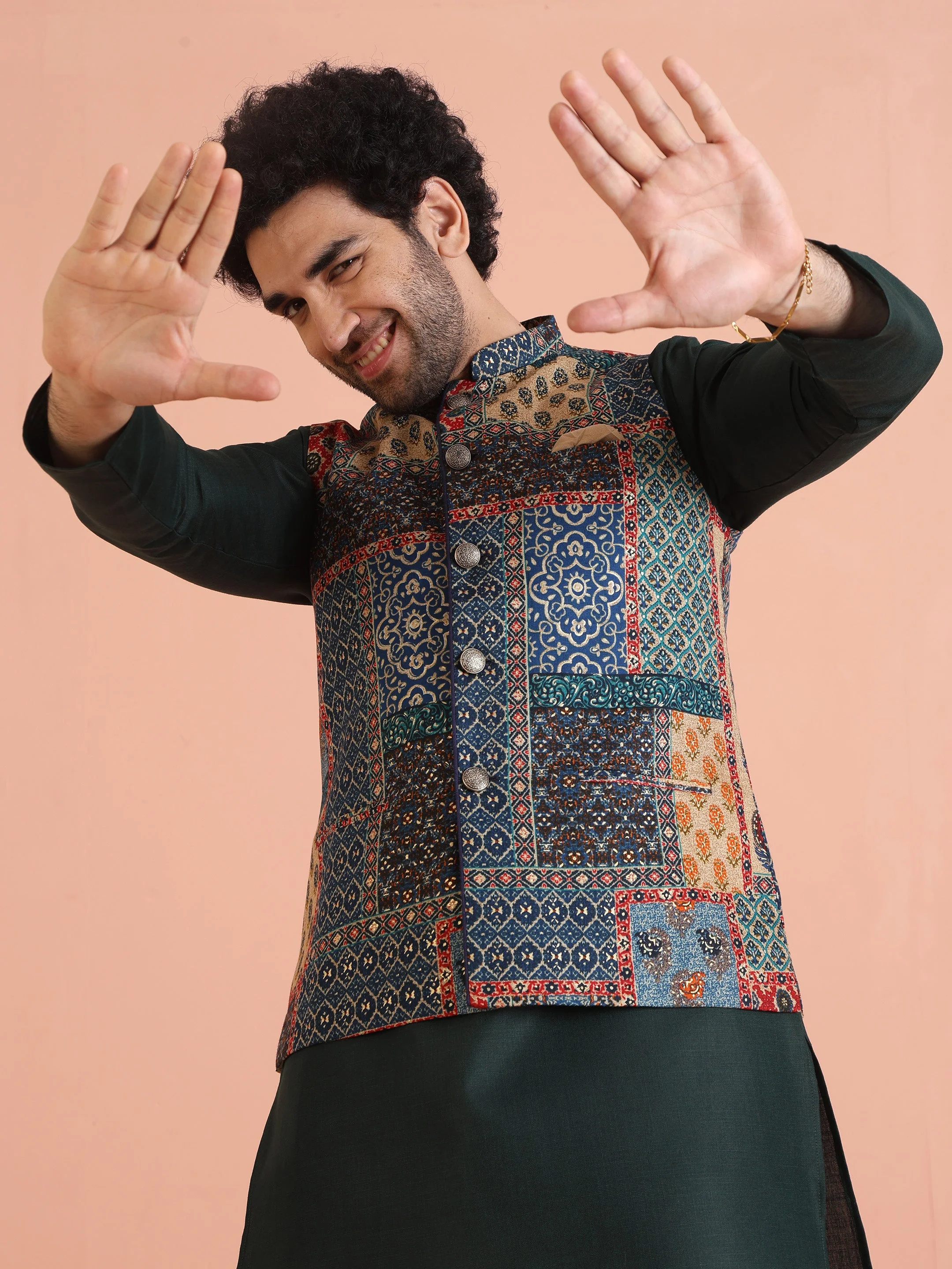 Kisah Multicolor Patchwork Printed Silk Blend Nehru Jacket with Mandarin Collar