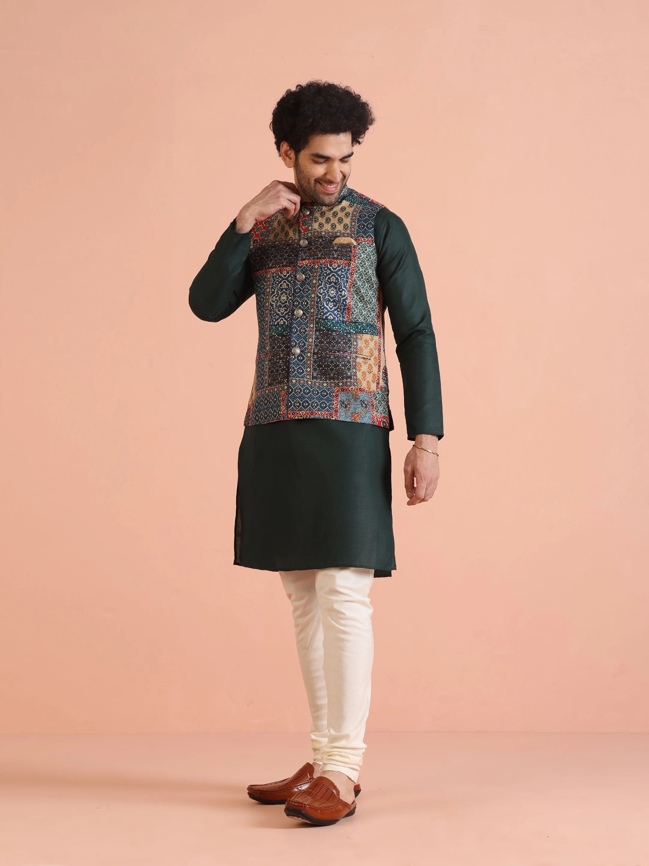 Kisah Multicolor Patchwork Printed Silk Blend Nehru Jacket with Mandarin Collar - Image 7