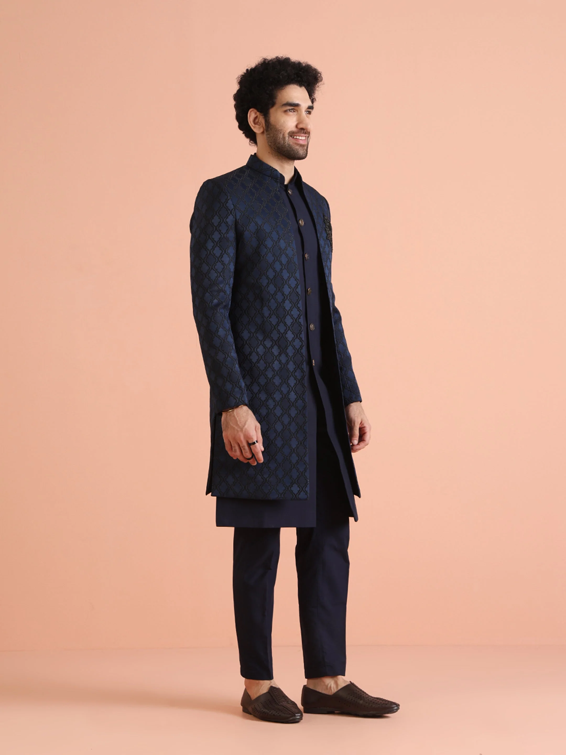 Kisah Navy Blue Silk Blend Indo Western Sherwani Set with Embroidered Detailing and Trousers - Image 2