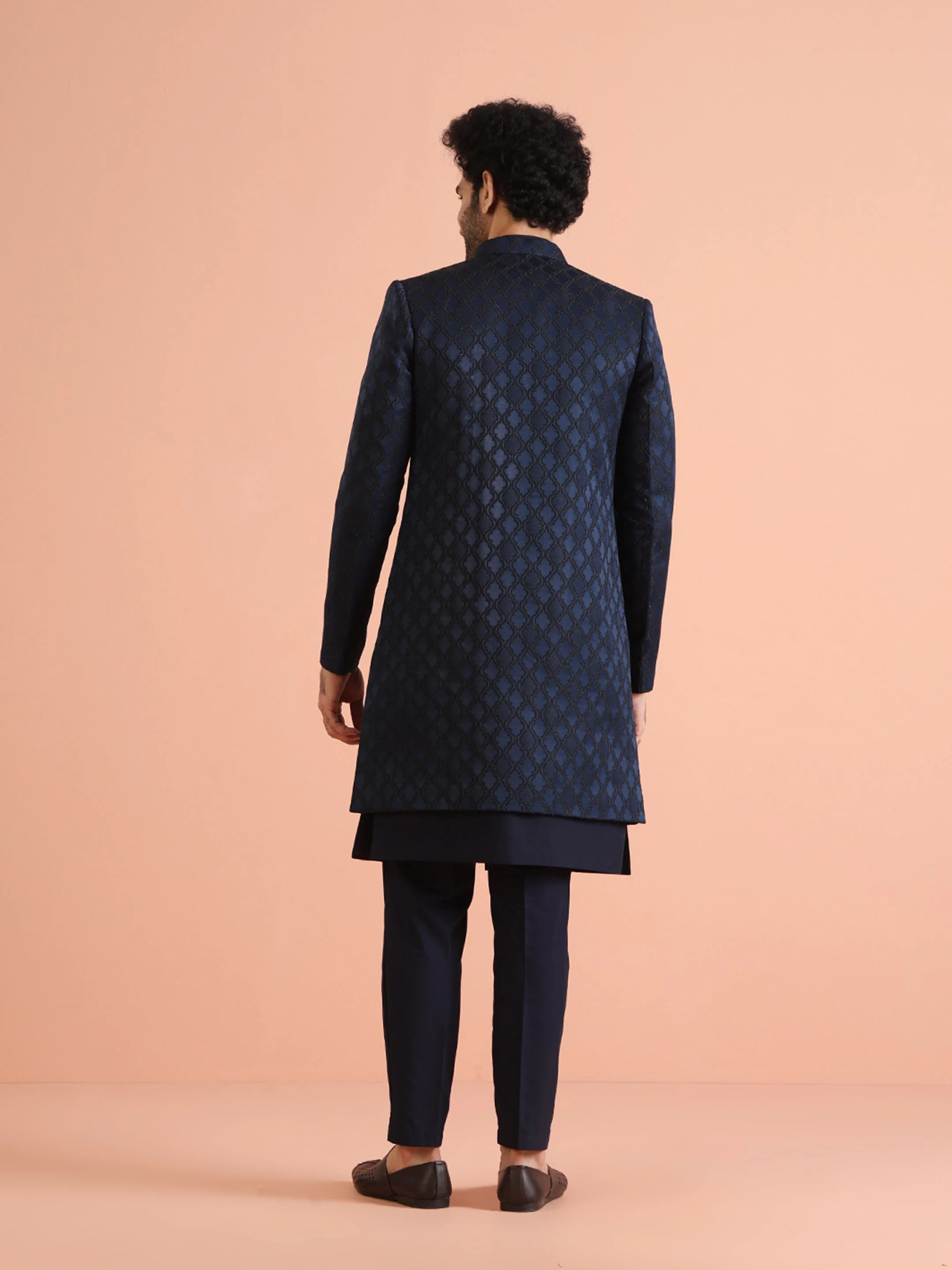 Kisah Navy Blue Silk Blend Indo Western Sherwani Set with Embroidered Detailing and Trousers - Image 4