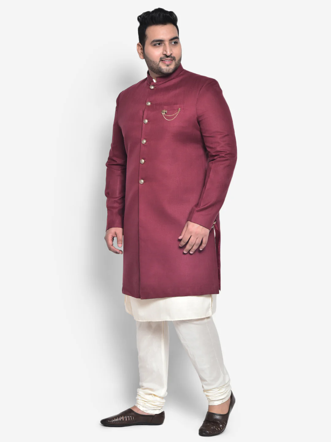 Men Maroon Solid Kurta Indowestern Churidar Set - Image 3