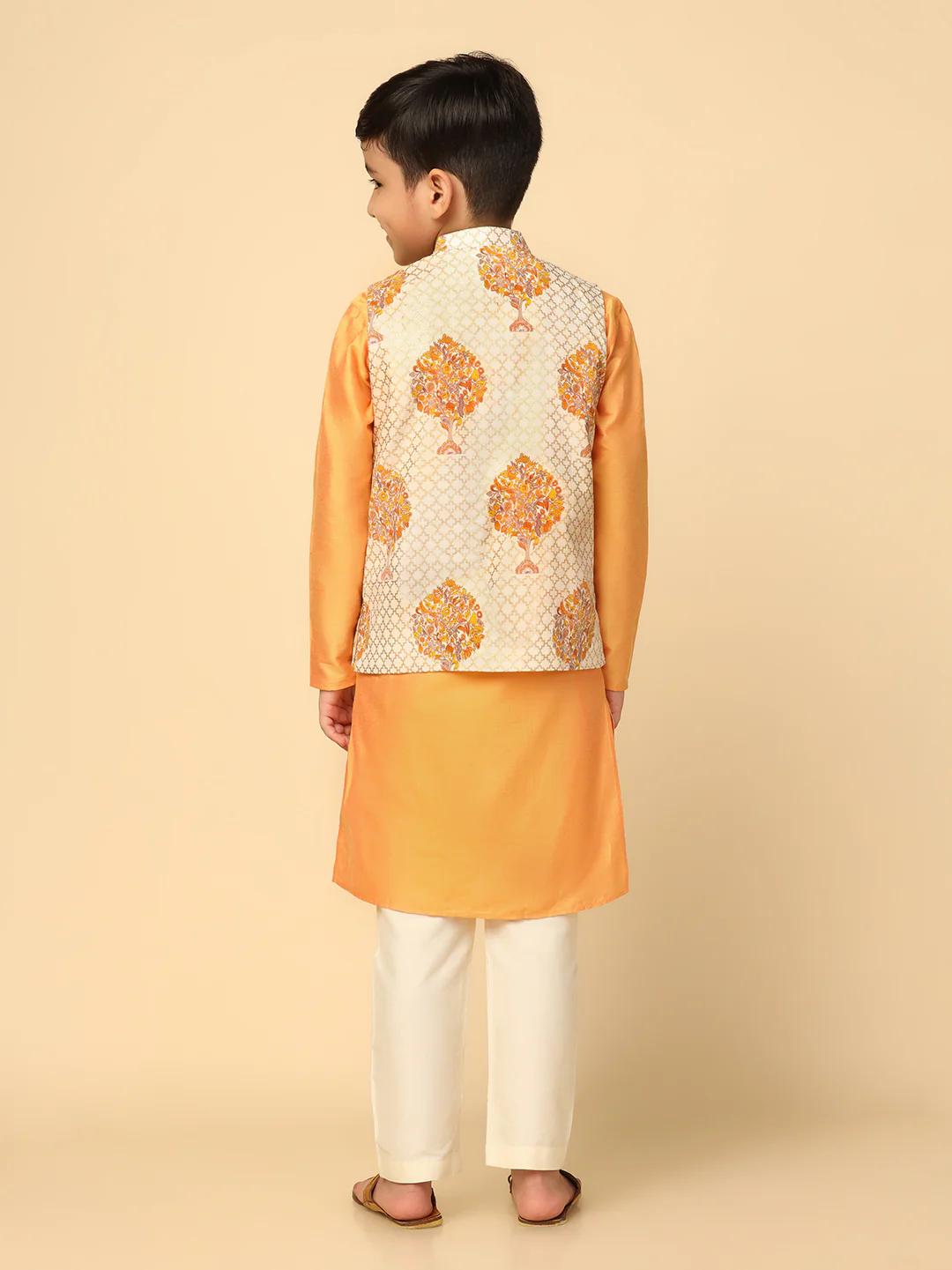 Boys Yellow Kurta Jacket Pyjama Sets - Image 3