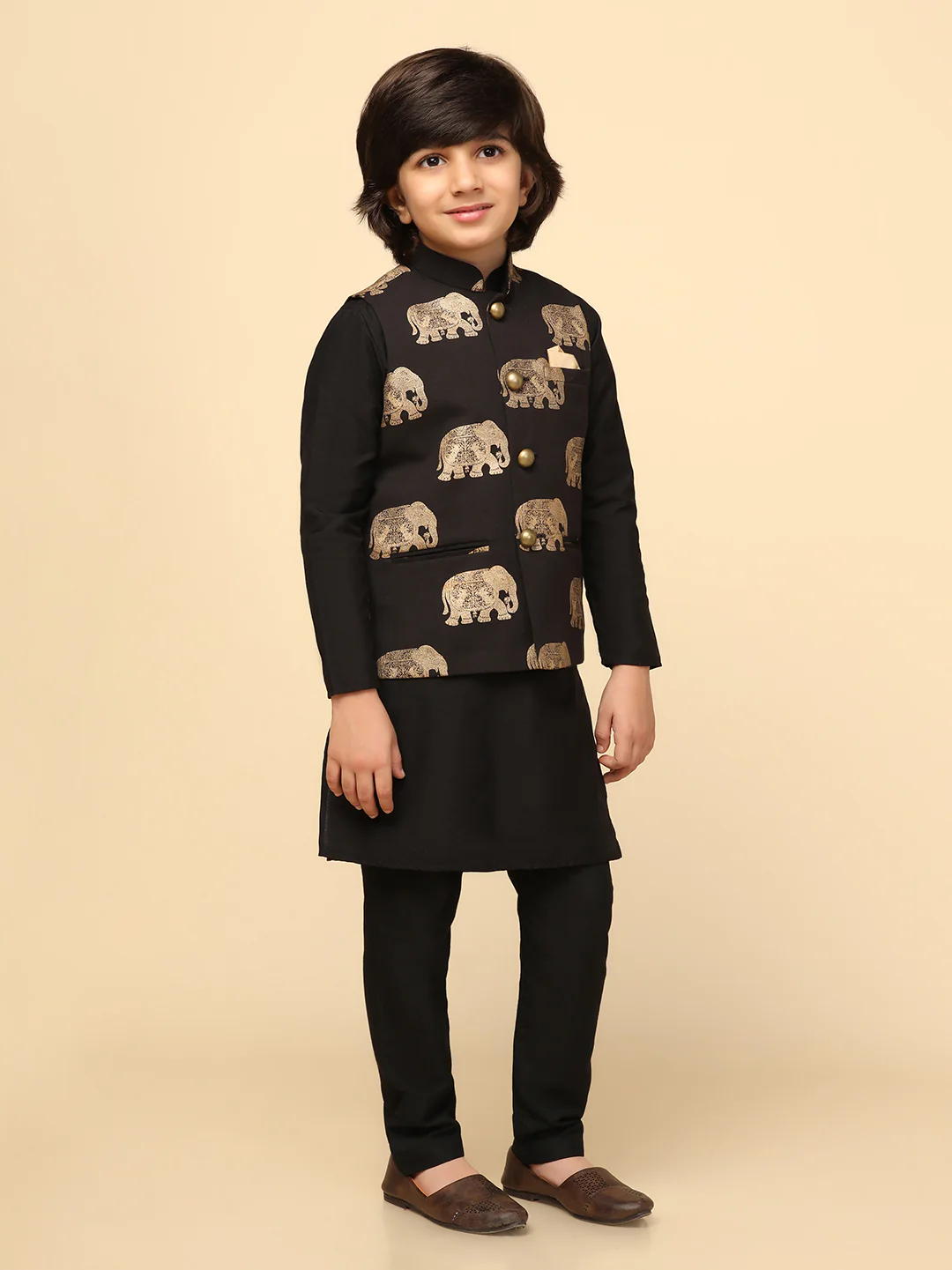 Boys Black Kurta Jacket Pyjama Sets - Image 3