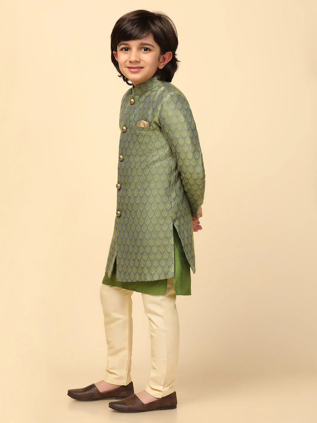Boy's Green Textured Kurta Indowestern Churidar Set - Image 3