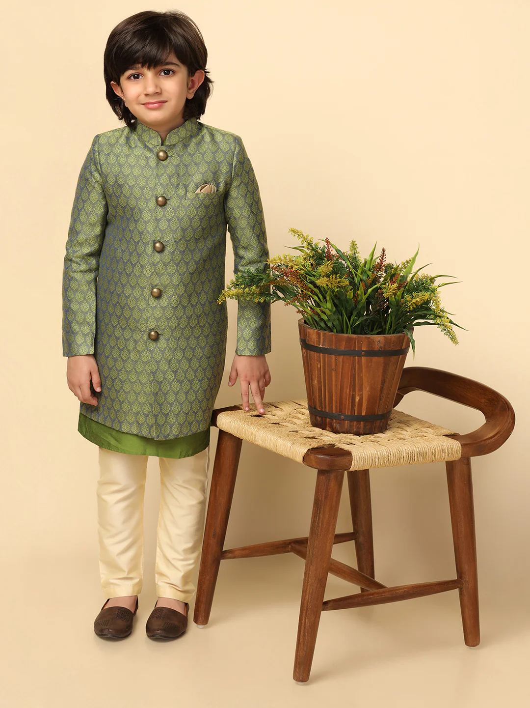 Boy's Green Textured Kurta Indowestern Churidar Set - Image 8