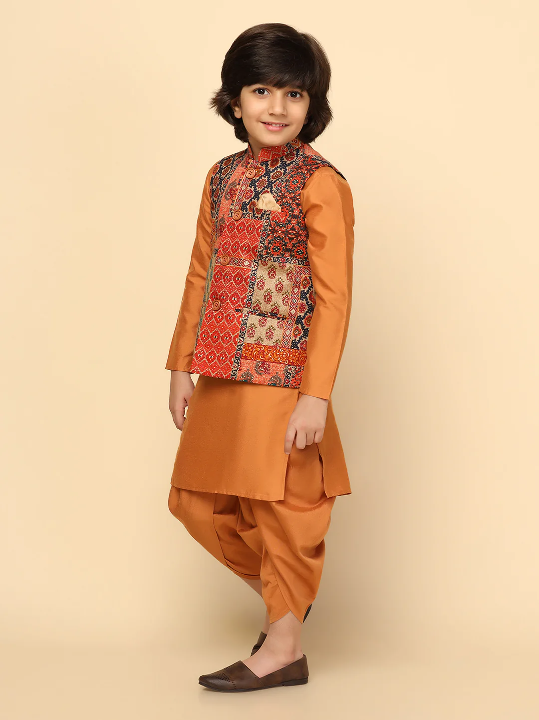 Boys Multi-Color Kurta Jacket Dhoti Sets - Image 3