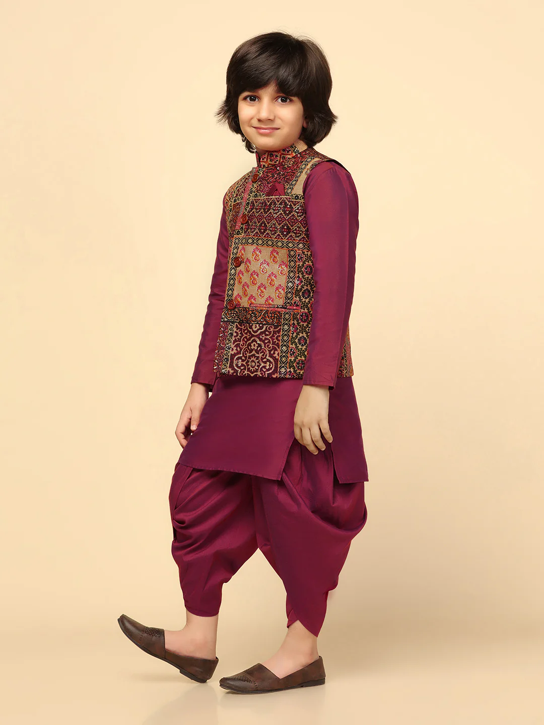 Boys Multi-Color Kurta Jacket Dhoti Sets - Image 3