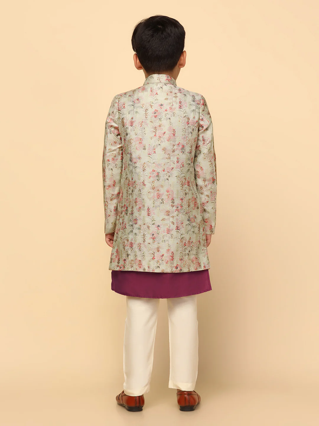Boy's Multi Coloured Printed Kurta Indowestern Churidar Set - Image 4