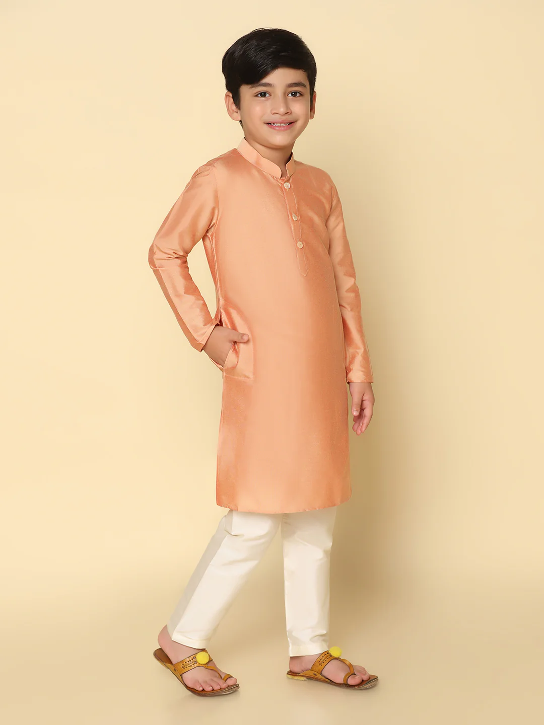 Boy's Coral Kurta Pyjama Set - Image 3