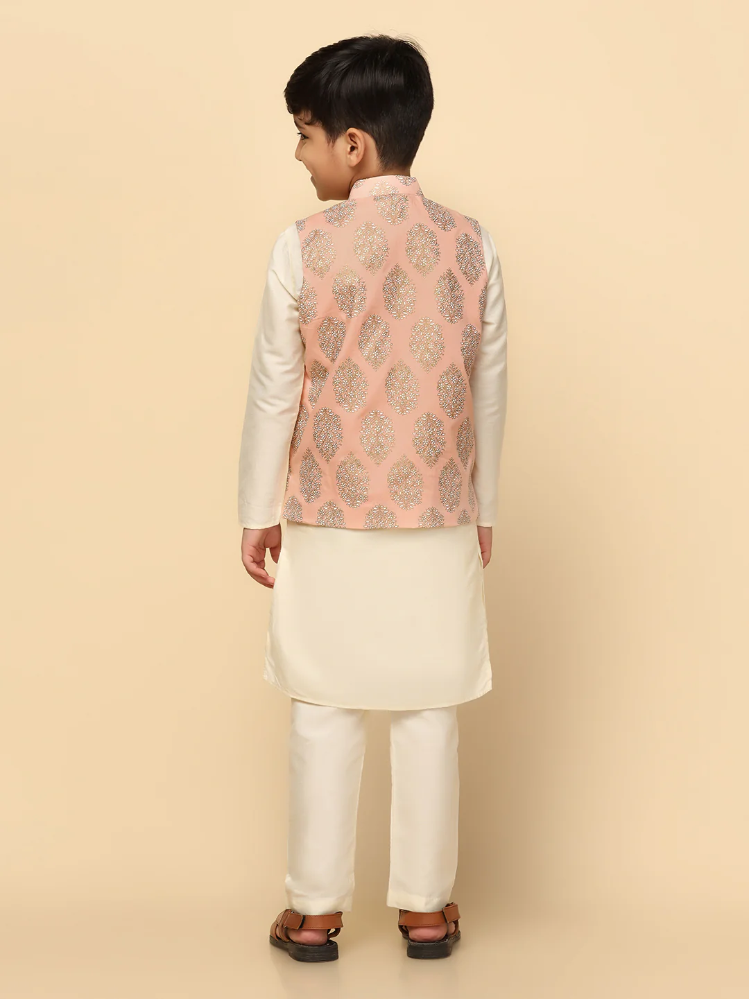 Boys Peach Kurta Jacket Pyjama Sets - Image 3
