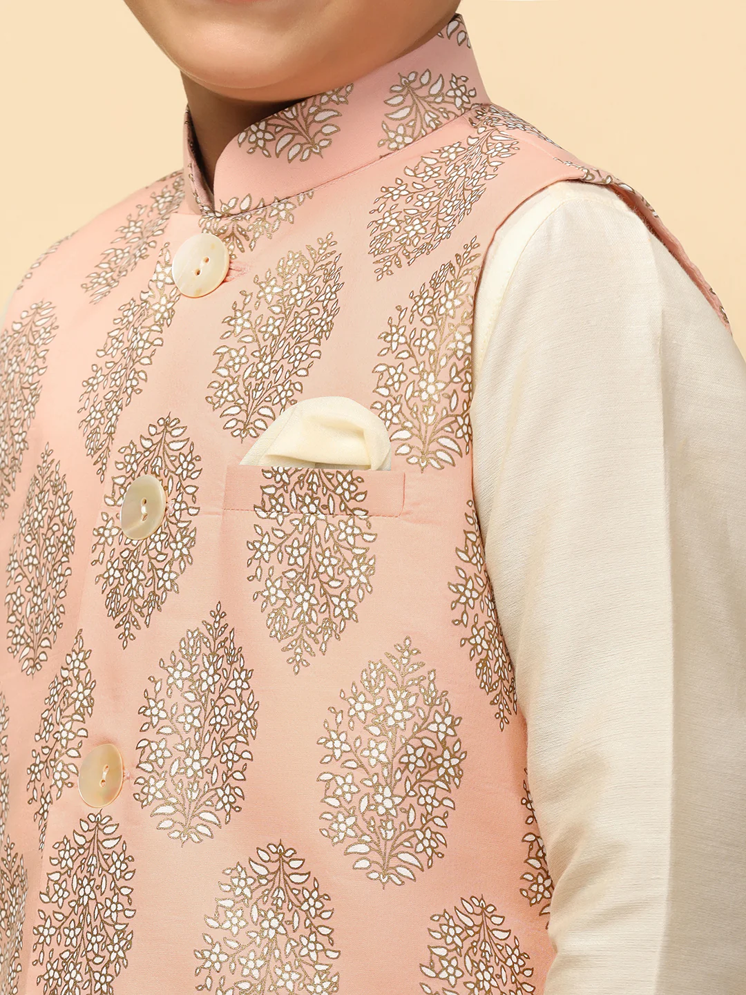 Boys Peach Kurta Jacket Pyjama Sets - Image 4