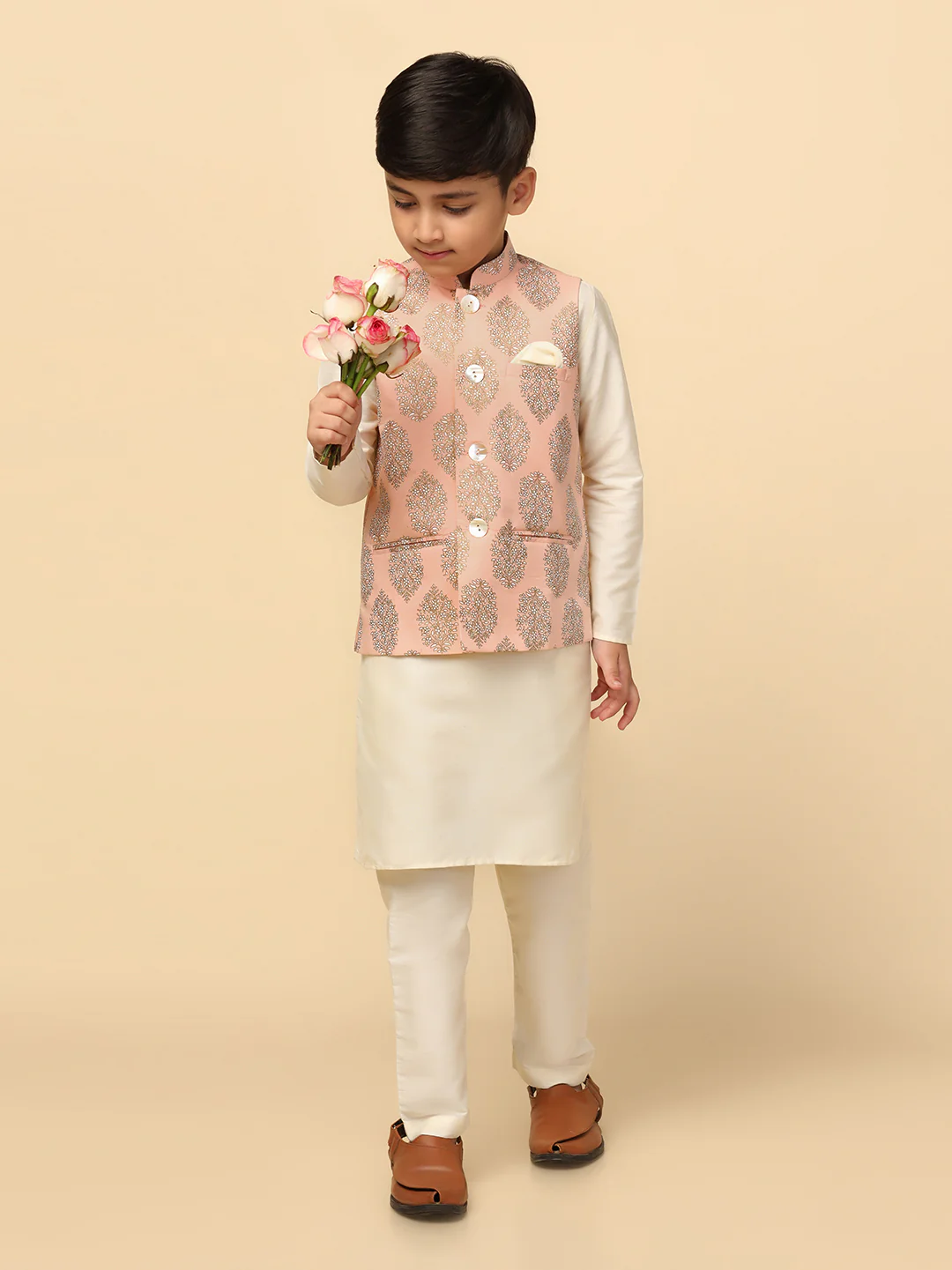 Boys Peach Kurta Jacket Pyjama Sets - Image 7