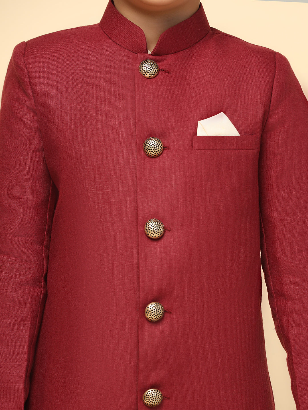 Boy's Maroon Indowestern Set With Kurta and Churidar - Image 5