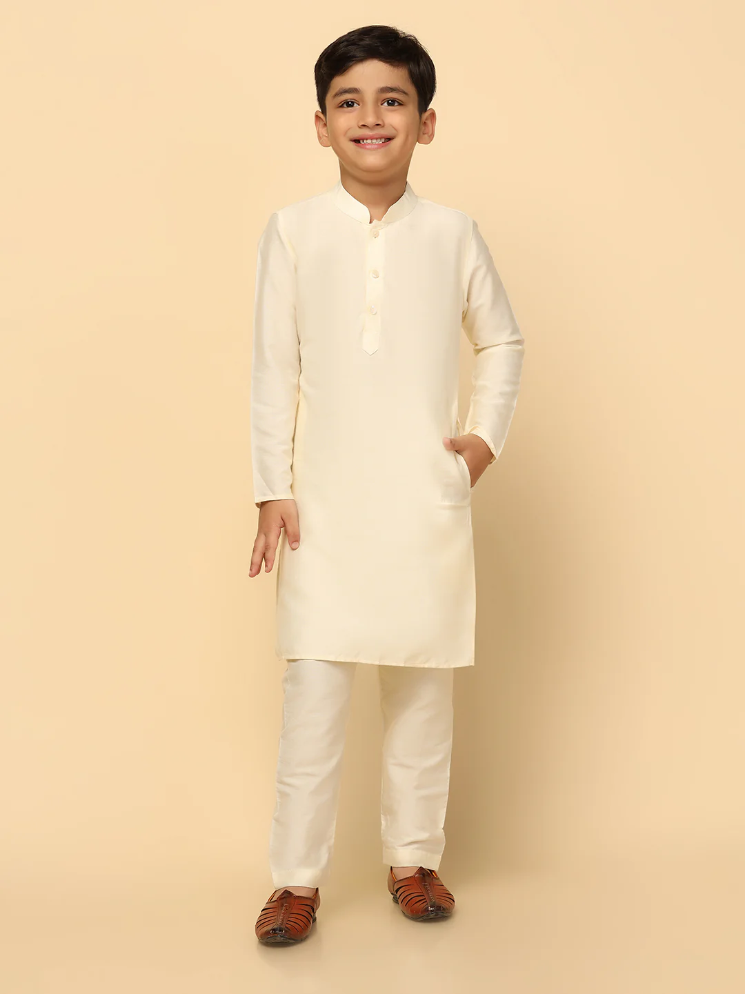 Boy's Maroon Indowestern Set With Kurta and Churidar - Image 6