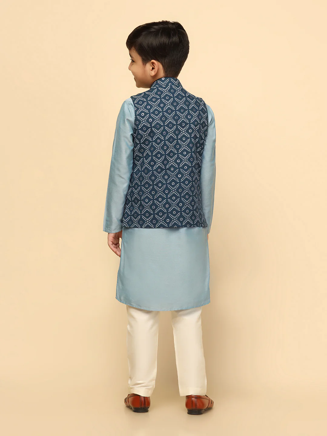 Boys Blue Kurta Jacket Pyjama Sets - Image 4