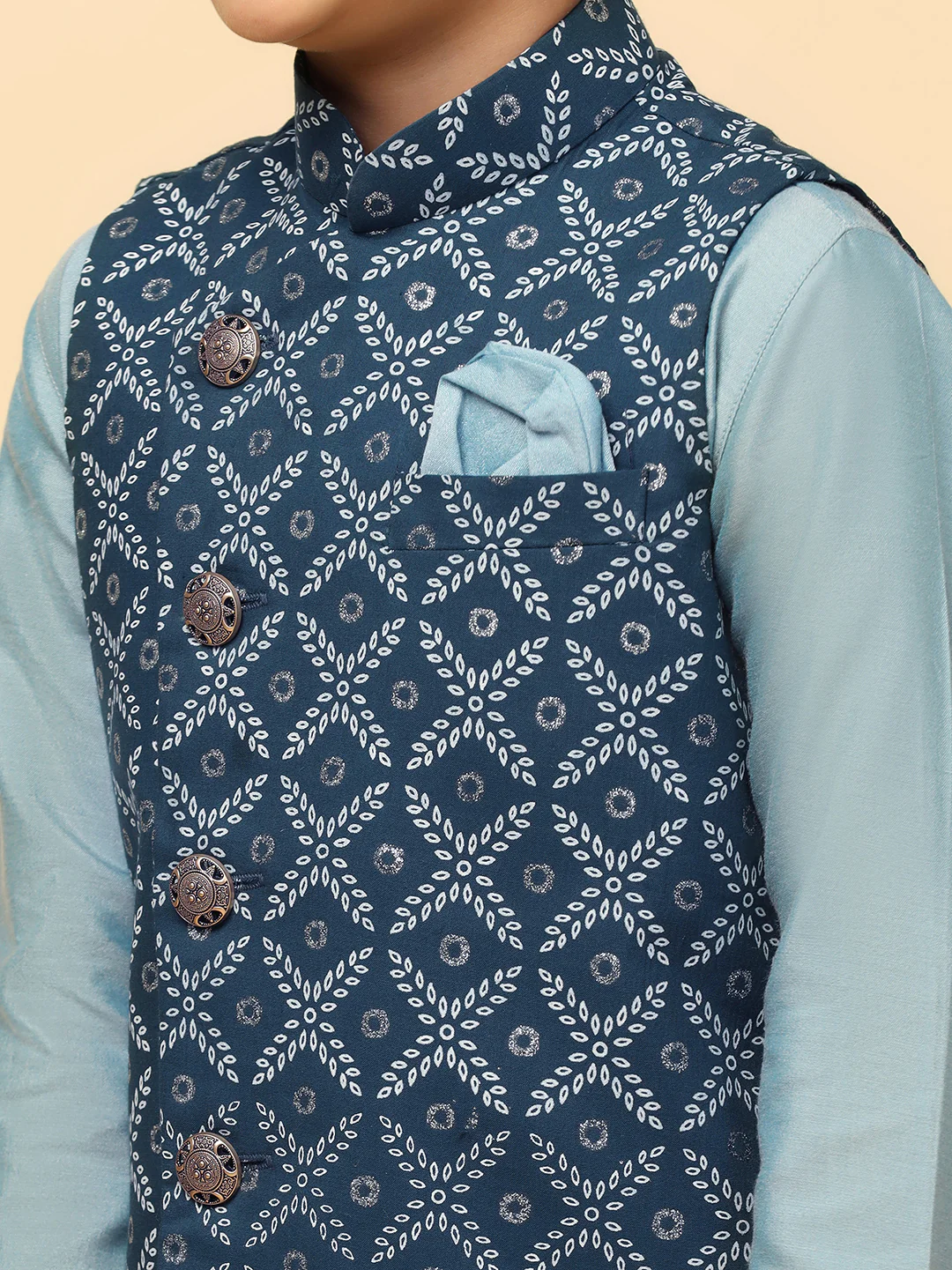 Boys Blue Kurta Jacket Pyjama Sets - Image 5
