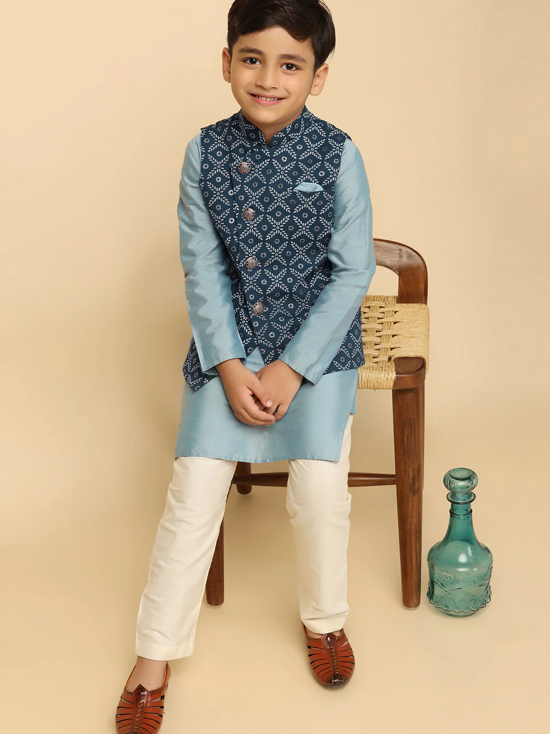 Boys Blue Kurta Jacket Pyjama Sets - Image 8