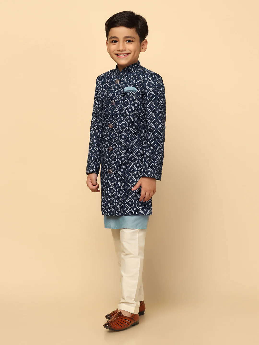 Boy's Blue Indowestern Set With Kurta and Churidar - Image 2