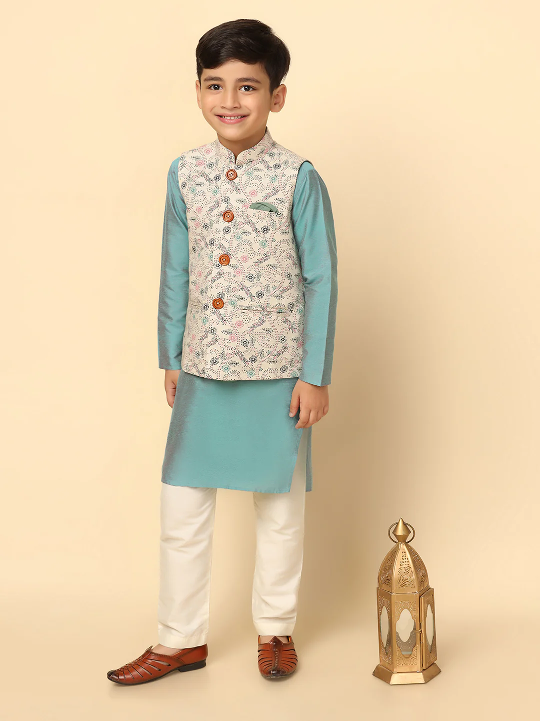 Boys Multi-Color Kurta Jacket Pyjama Sets - Image 7