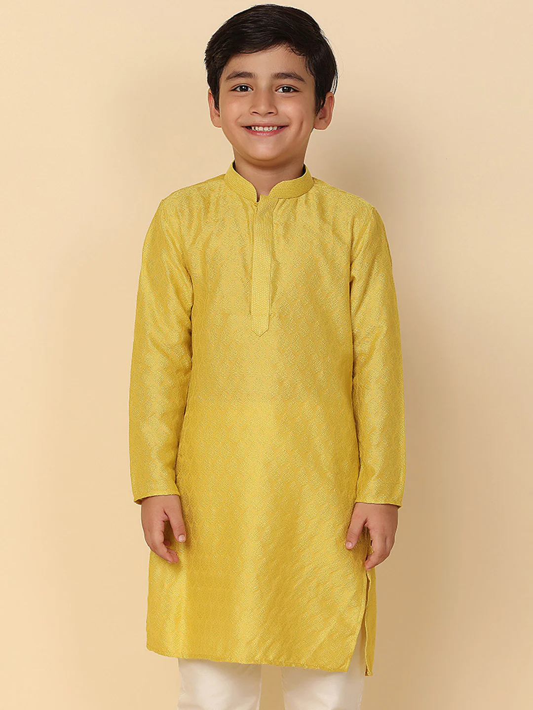 Boy's Yellow Solid Textured Kurta