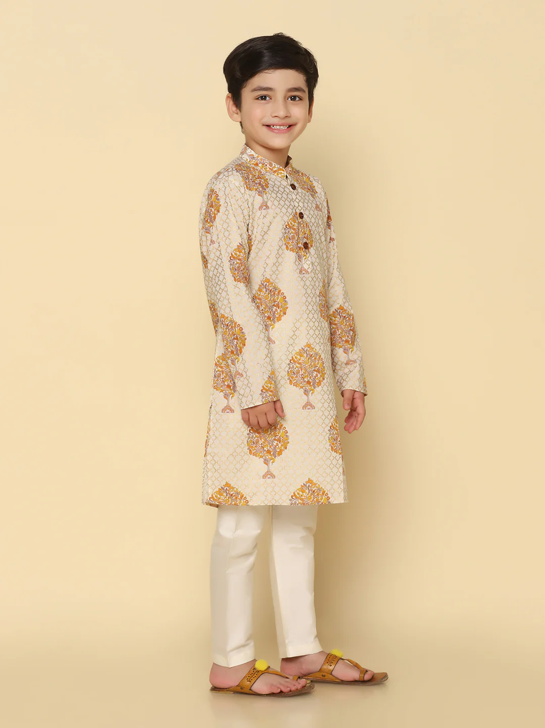 Boy's Yellow Printed Kurta - Image 2