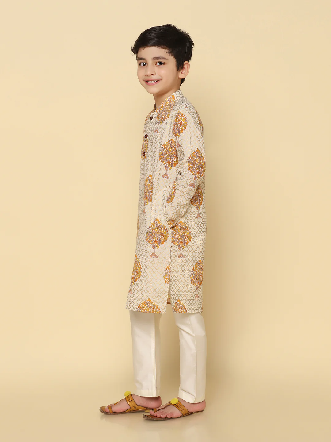 Boy's Yellow Printed Kurta - Image 3
