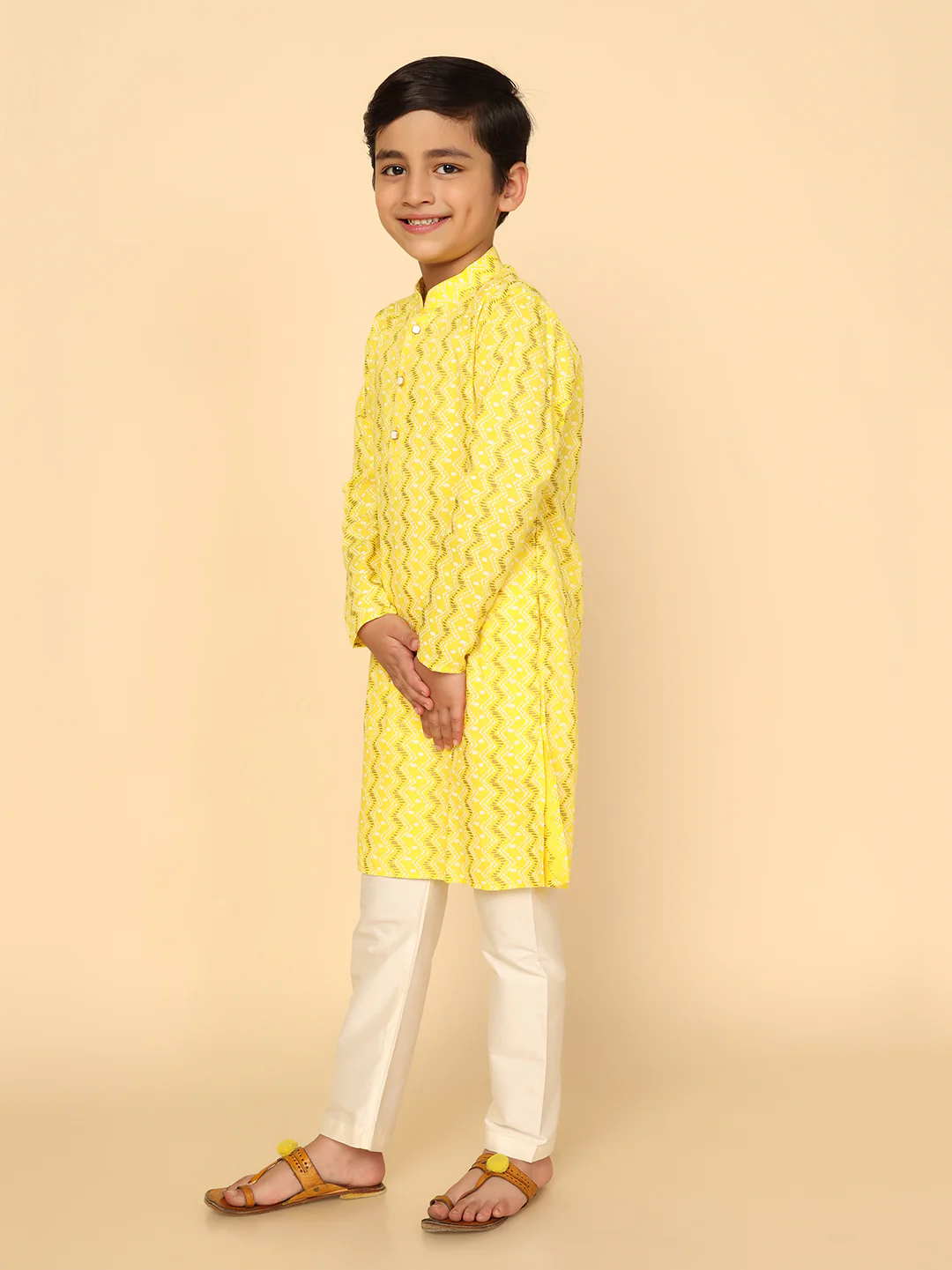 Boy's Yellow Printed Kurta - Image 2